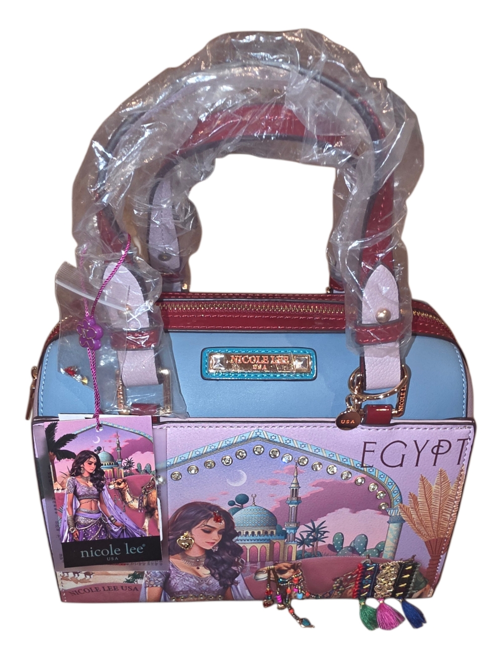 Brand New - Nicole Lee Pink & Light Blue Egypt Dome Satchel with Tassel Charms